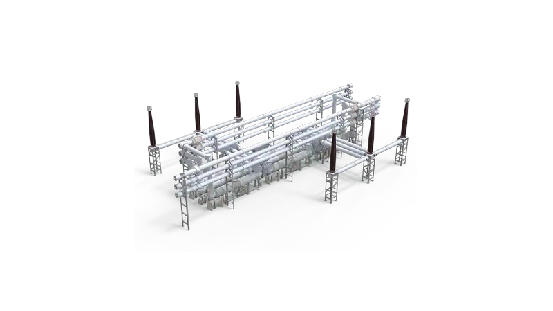 Render 3D de la aparamenta aislada en gas de 550 kV de Sieyuan: configuraci&oacute;n de posici&oacute;n trif&aacute;sica.