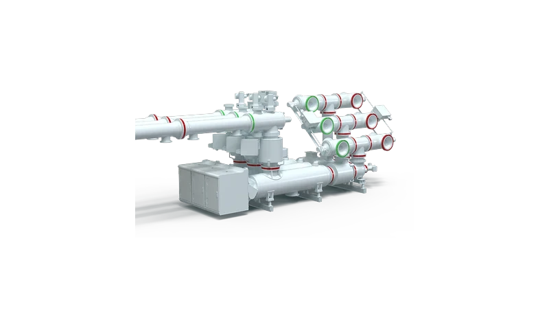 Render 3D de la aparamenta h&iacute;brida aislada en gas de 420 kV de Sieyuan: configuraci&oacute;n de doble barra.
