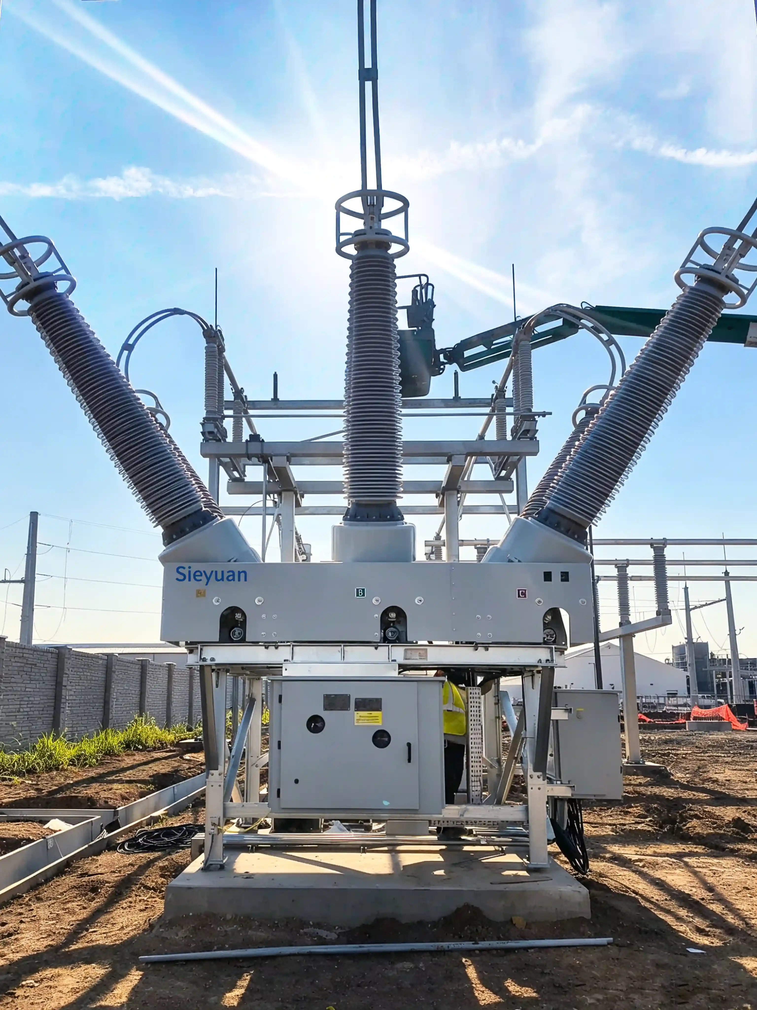 Interruptor autom&aacute;tico de tanque muerto de 230 kV con armario de control NEMA 3R en acabado gris ANSI 70