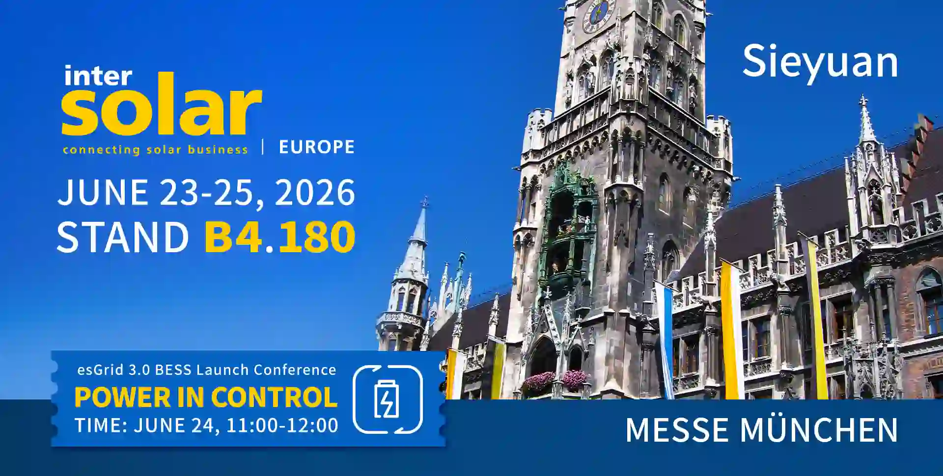 Invitación a Intersolar Europe 2026: Sieyuan en el stand B4.180, Messe München, del 23 al 25 de junio