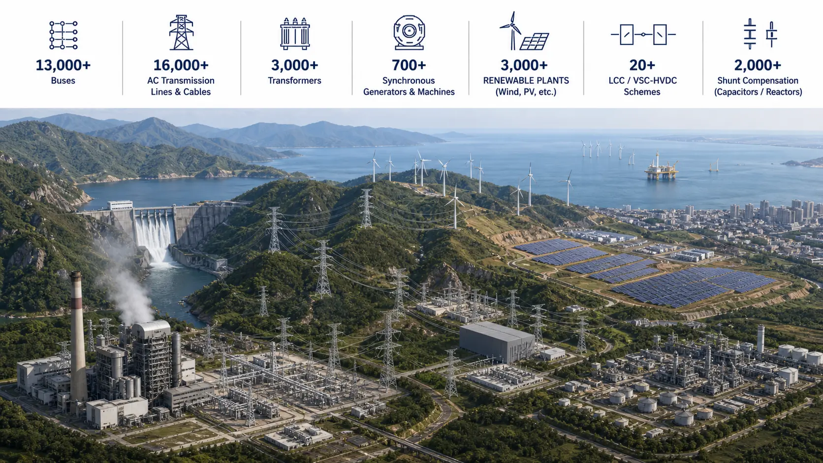Modelo de red de Sieyuan en PSS&reg;E con m&aacute;s de 13 000 nudos de centrales t&eacute;rmicas, hidr&aacute;ulicas, e&oacute;licas y solares