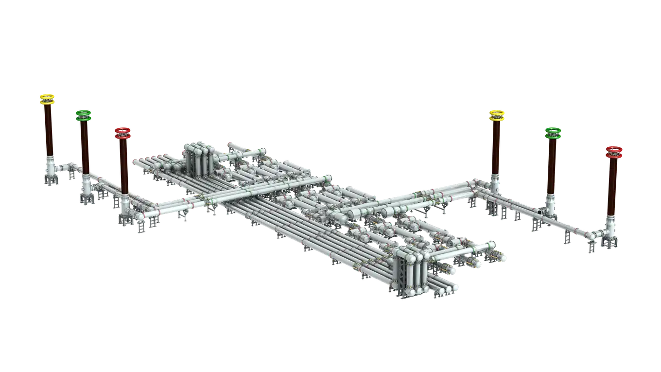 Render 3D de la aparamenta aislada en gas de 1100 kV de Sieyuan: configuraci&oacute;n de posici&oacute;n.