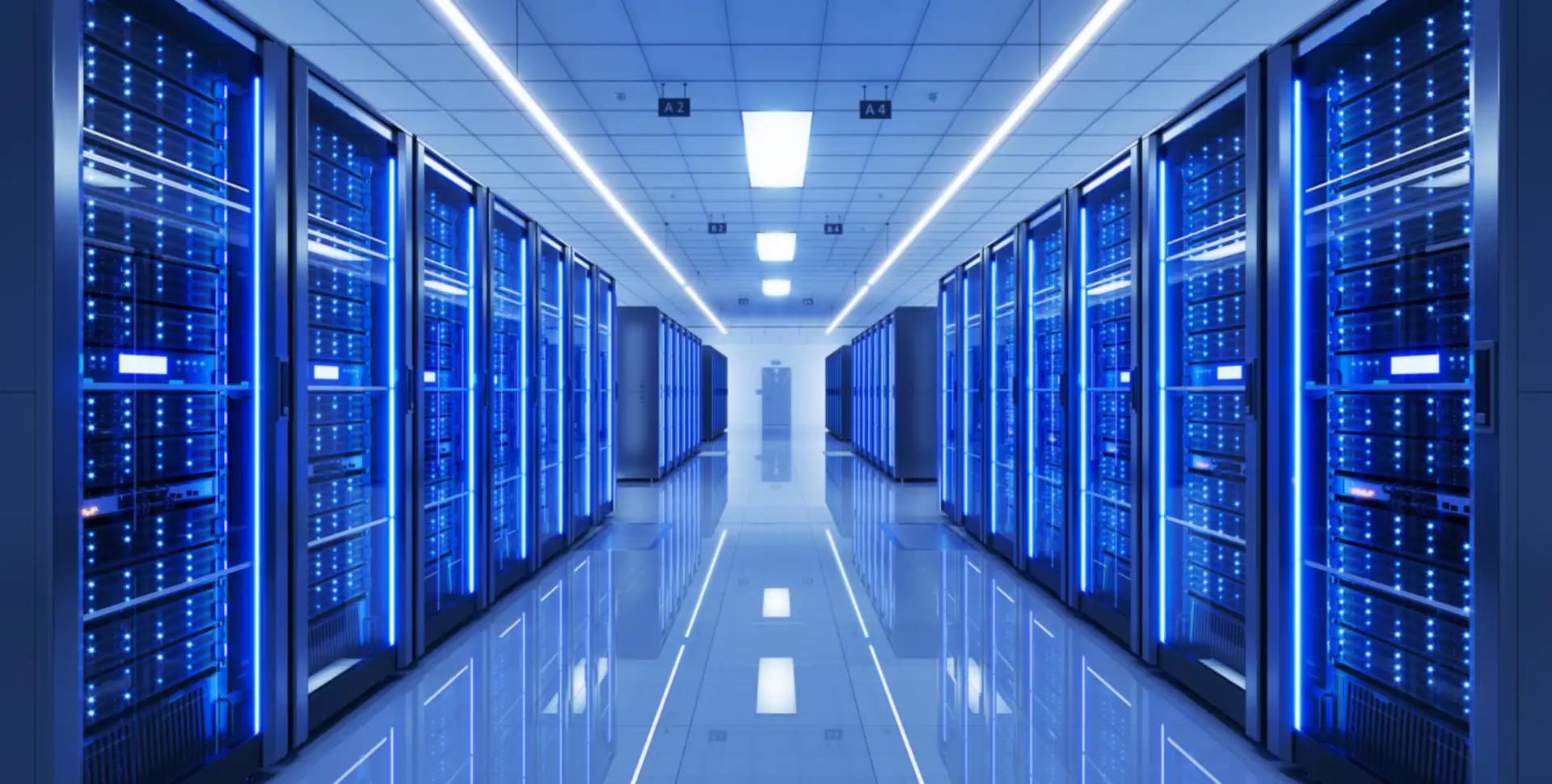 Pasillo de un centro de datos con racks de servidores iluminados en azul