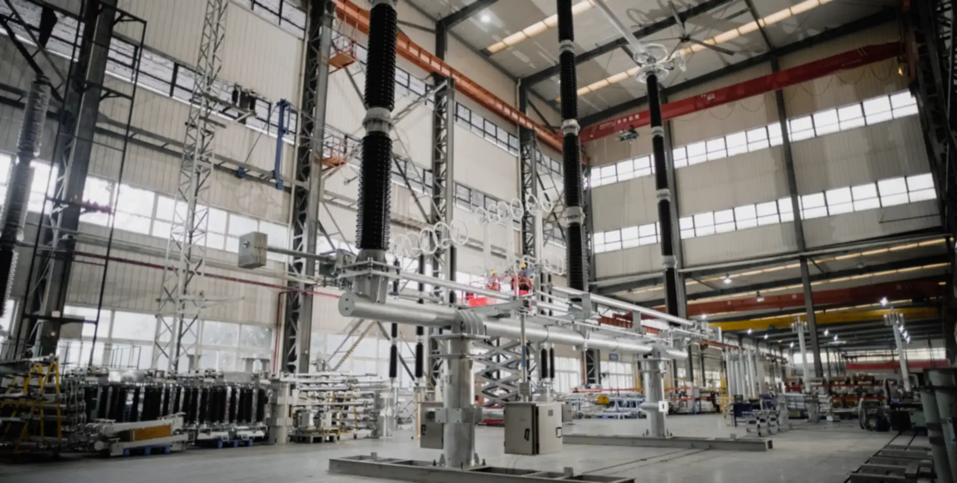 Conjunto de aparamenta GIS de alta tensi&oacute;n en una planta de fabricaci&oacute;n industrial
