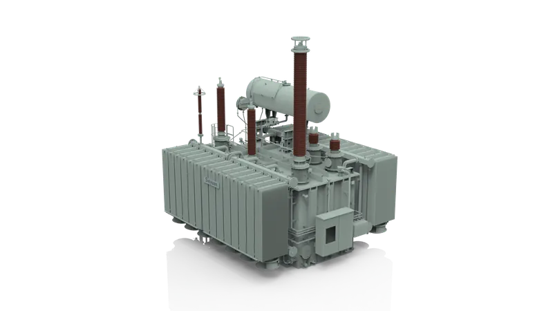 Render 3D de un transformador de potencia sumergido en l&iacute;quido de Sieyuan