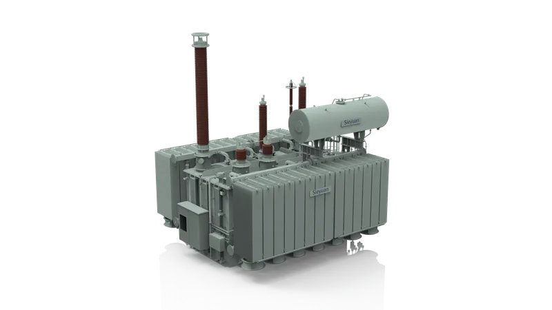 Render 3D de un transformador de potencia sumergido en l&iacute;quido de Sieyuan