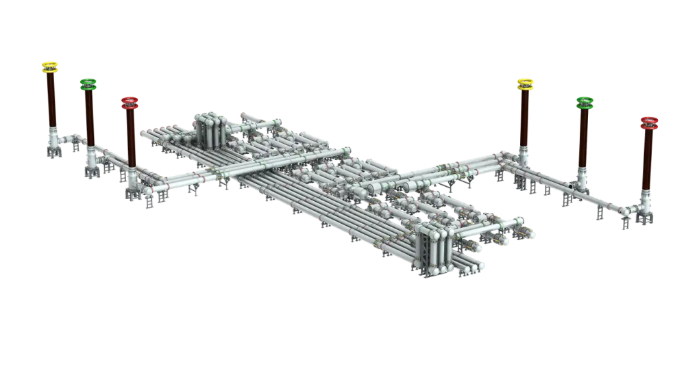 Render 3D de la aparamenta h&iacute;brida aislada en gas de 1100 kV de Sieyuan: configuraci&oacute;n de posici&oacute;n.
