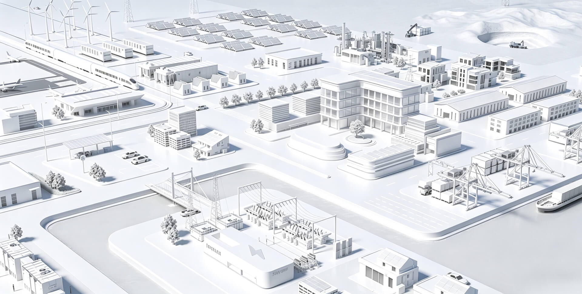 Maqueta 3D estilizada de una ciudad con centrales el&eacute;ctricas, subestaciones, f&aacute;bricas y energ&iacute;as renovables